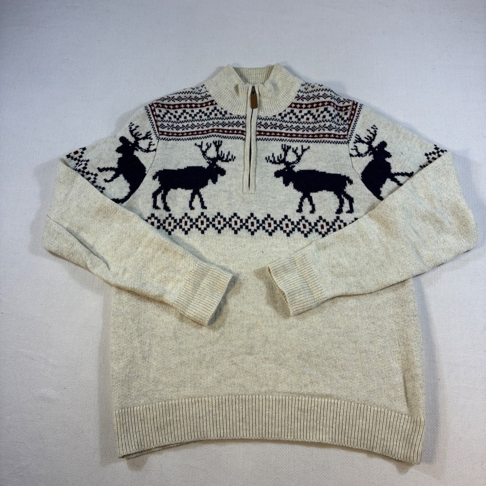 St Johns Bay Mens Quarter Zip Sweater Cream Reindeer Fair Isle Wool Blend Medium